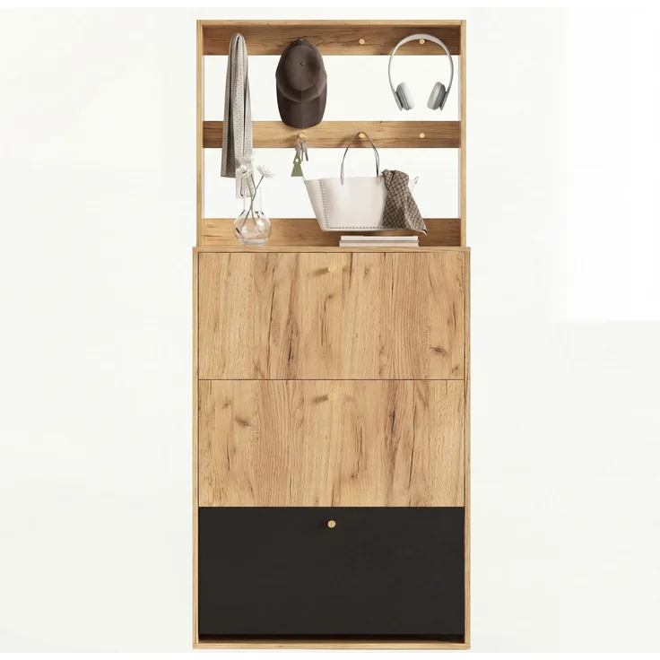 ZUBALIYA Schuhschrank (75 x 24 x 180 cm), Haken zur Aufbewahrung, Aus Spanplatte, Stauraum für Flur und Eingangsbereich, Schwarz / Naturfarben – Bild 24