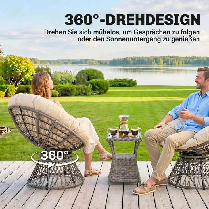 Runder Gartensessel, drehbarer Papasan-Sessel, Ø 97 x 90H cm, großes Kissen im Lieferumfang enthalten, Polyester-Geflecht – Bild 6