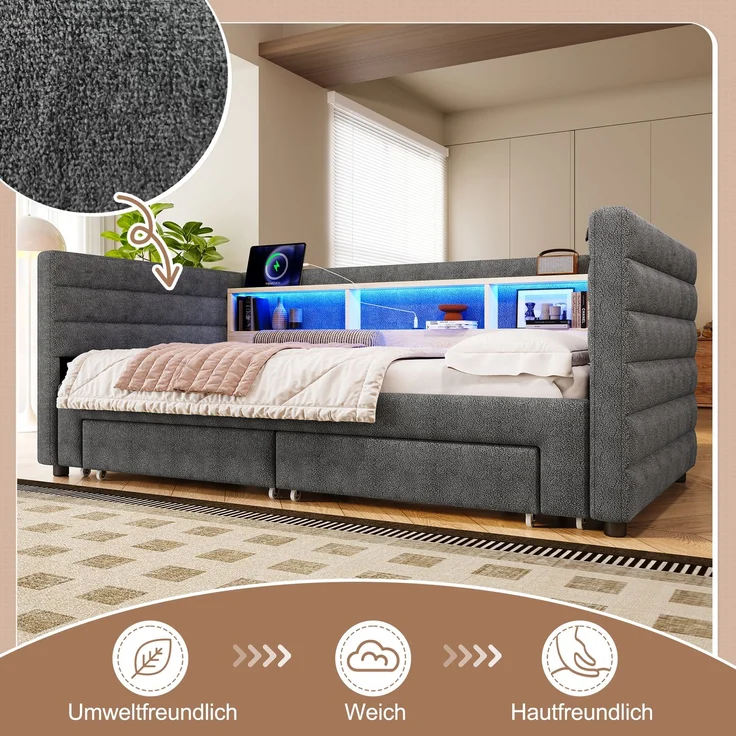 Tagesbett, Daybett, Schlafsofa, 90 × 190 cm, multifunktionales Ausziehbett-Design, USB- + Typ-C-Anschlüsse, mit zwei Schubladen, mehreren Staufächern, LED-Lichtleiste, Ohne Matratze, Samt, Grau – Bild 4