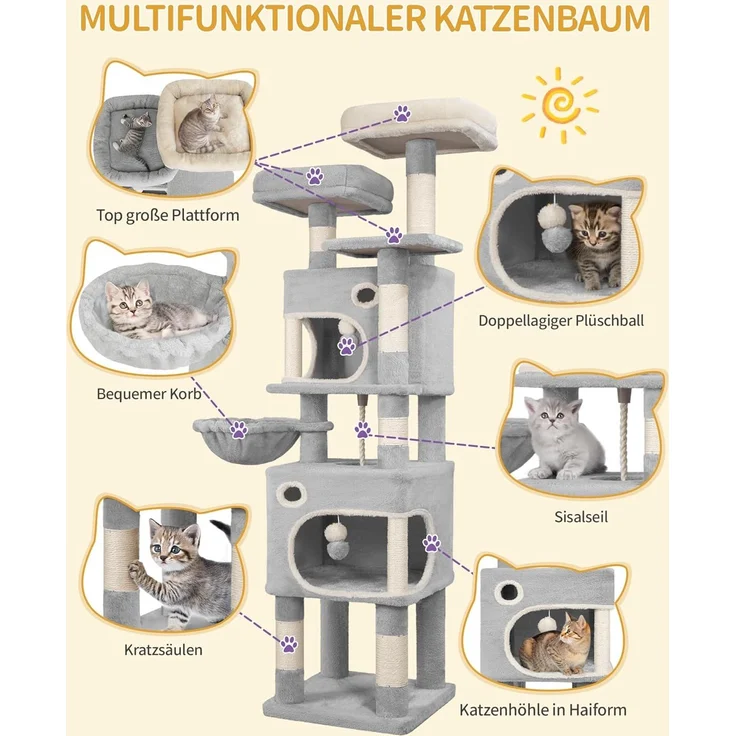 Kratzbaum, 159 cm Katzenbaum mit 8 Kratzsäulen, 3 Plattformen, 2 Höhlen, Korb, Plüschbälle, Sisalseil, Geeignet für Katzen Verschiedener Größen, Hellgrau – Bild 4