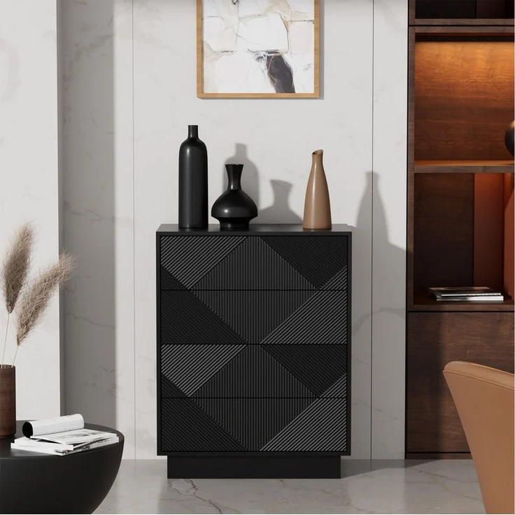 UEV Kommode mit 4 Schublanden, Sideboard, Schubladenschrank Schmal, 60x33,5x77,5cm (Sideboard für Wohnzimmer Schlafzimmer Büro Flur, Mehrzweckschrank aus Holz Beistellschrank allzweckschrank), Drucköffner/ Push to open Schubladen Aufbewahrungskommode – Bild 2