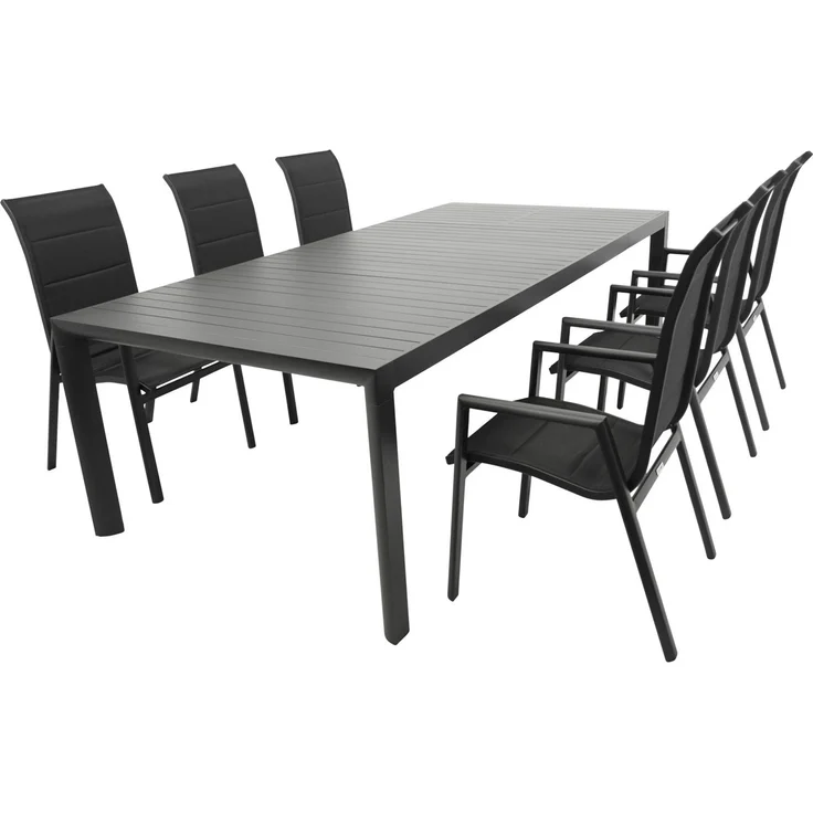 DEGAMO LAGOS II Gartengarnitur, Aluminium, anthrazit, 7-teilig (6x Stapelsessel, 1x Ausziehtisch 195/255x120cm) – Bild 1