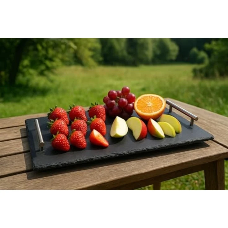 hausleben Servierplatte Schiefer 40x30 cm, (1-tlg), Servierbrett mit Edelstahlgriffen – Bild 3
