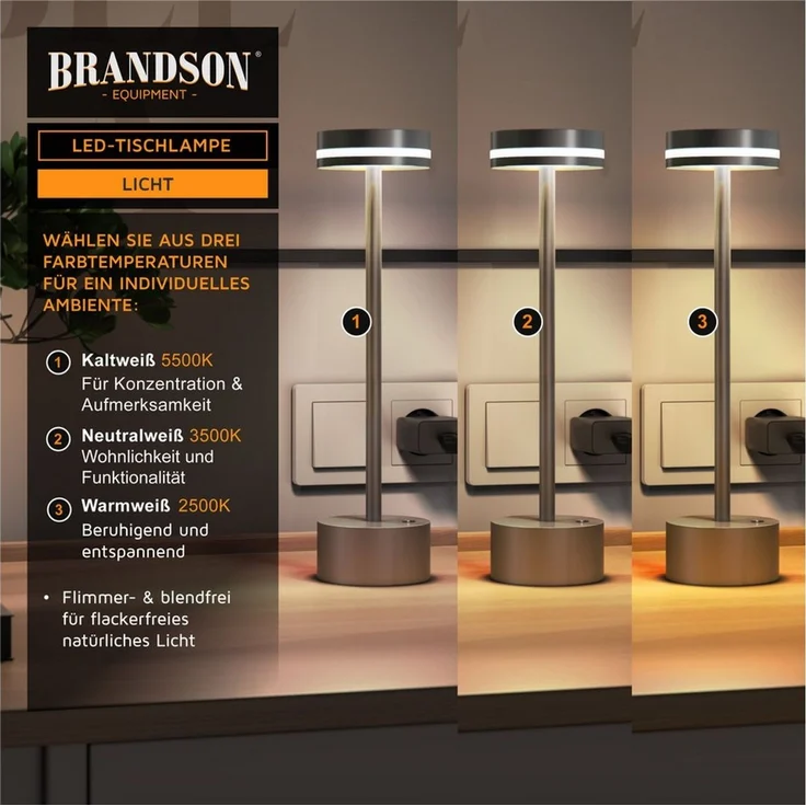 Brandson LED Tischleuchte Tischlampe, stufenlos dimmbar, 3 Lichtfarben, Akku 3600 mAh, Touch, Dimmfunktion, Ein-/Ausschalter, Farbwechsel, mehrere Helligkeitsstufen, LED fest integriert, Kaltweiß, Neutralweiß, Warmweiß, Tischlampe kabellos, USB-C, Schr... – Bild 2