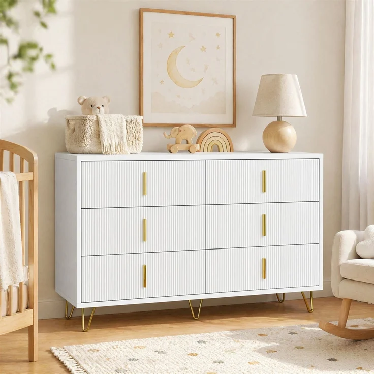 DESVIAE Sideboard mit 6 Schubladen, 120x77x40 cm, aus Spanplatte, Weiß/Gold – Bild 1