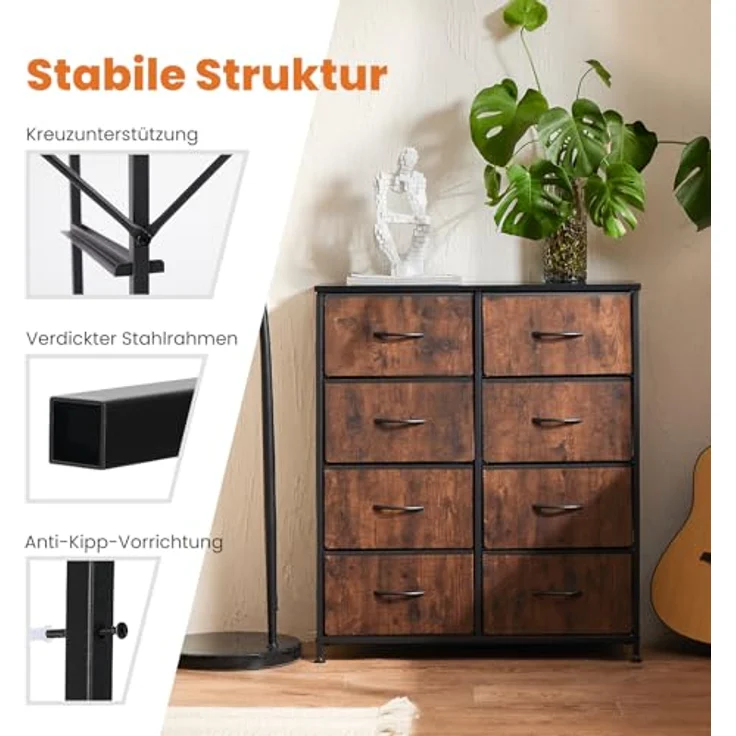 Sweetcrispy Kommode,Sideboard Wohnzimmer für Schlafzimmer mit 8 Stoffschubladen,Einstellbare Füße Schubladenschrank,Schwarzbraun – Bild 7