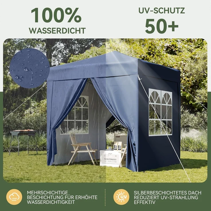 Aoxun Pop Up Pavillon 2x2m Wasserdicht mit 4 Seitenwänden, Metallrahmen-Schutzzelt, Höhe Verstellbar, Faltpavillon 2x2 mit Tragetasche für Camping Party, Blau – Bild 3
