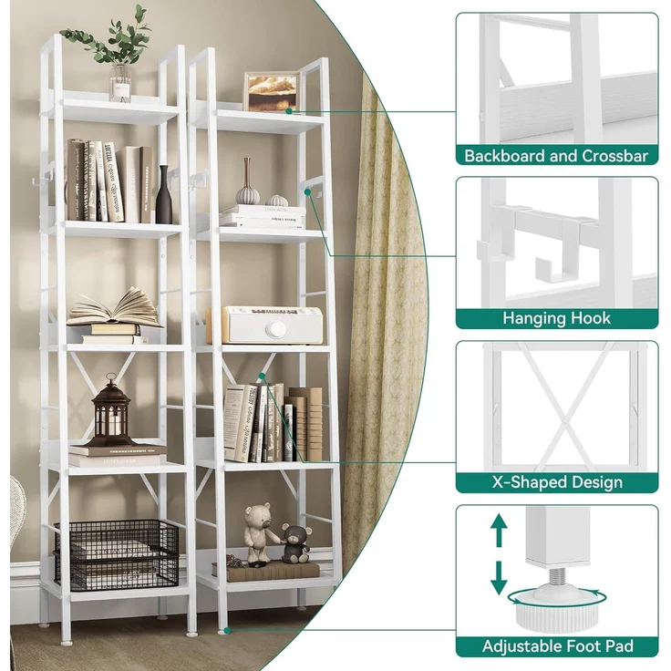 YITAHOME Bücherregal mit 5 Ebenen, industrielles Leiterregal, freistehendes Bücherregal, Holzregale und Metallrahmen, Bücherregal, modernes Regal für Wohnzimmer, Flur, Büro, reinweißes Bücherregal – Bild 5