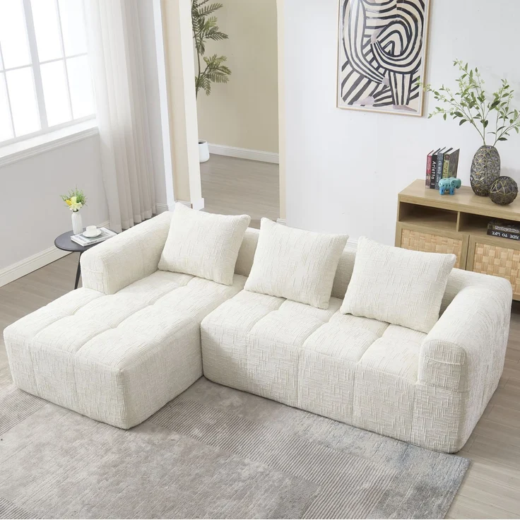 DESVIAE Sofa 3-Sitzer mit Chaiselongue und Seitentaschen, 250x60x158 cm, Chenille, Beige – Bild 2
