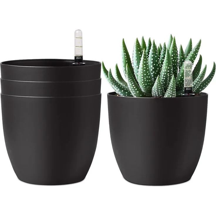 T4U 15cm Schwarz Selbstwässernder Blumentopf mit Wasseranzeiger 4er-Set
