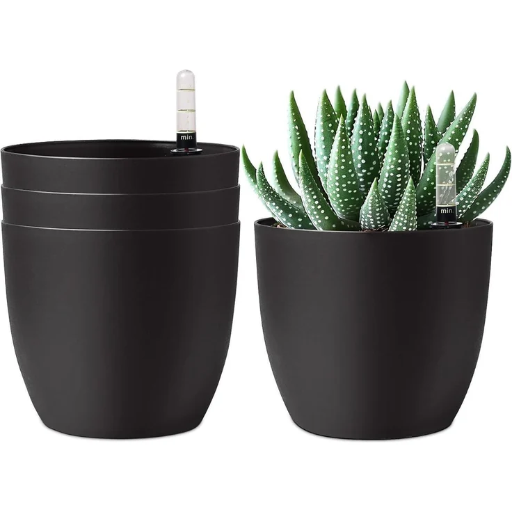 T4U 15cm Schwarz Selbstwässernder Blumentopf mit Wasseranzeiger 4er-Set – Bild 1