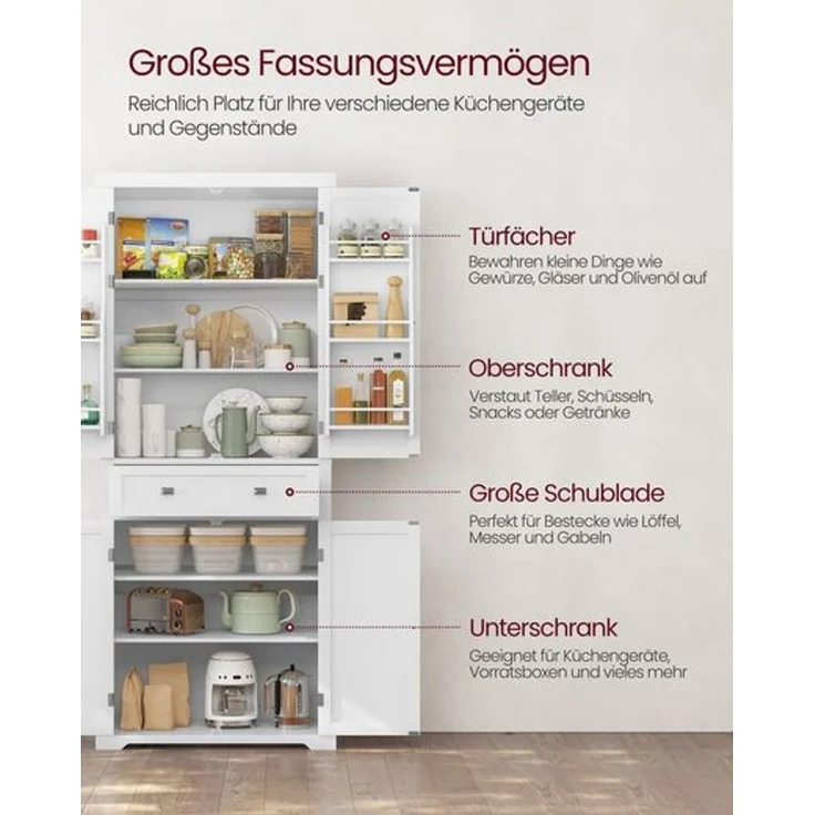 Vasagle Küchenschrank mit Schublade, 4 verstellbare Ablagen, 6 Türfächer, Holz weiß, 40 x 76 x 182,1 cm – Bild 3