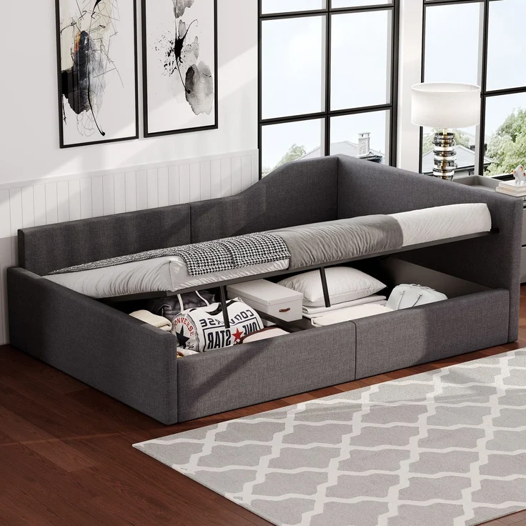 Stauraumbett mit Aufbewarung, Lattenrost und Kopfteil, 140x200 cm, Polsterbett, Doppelbett, Leinen – Bild 1