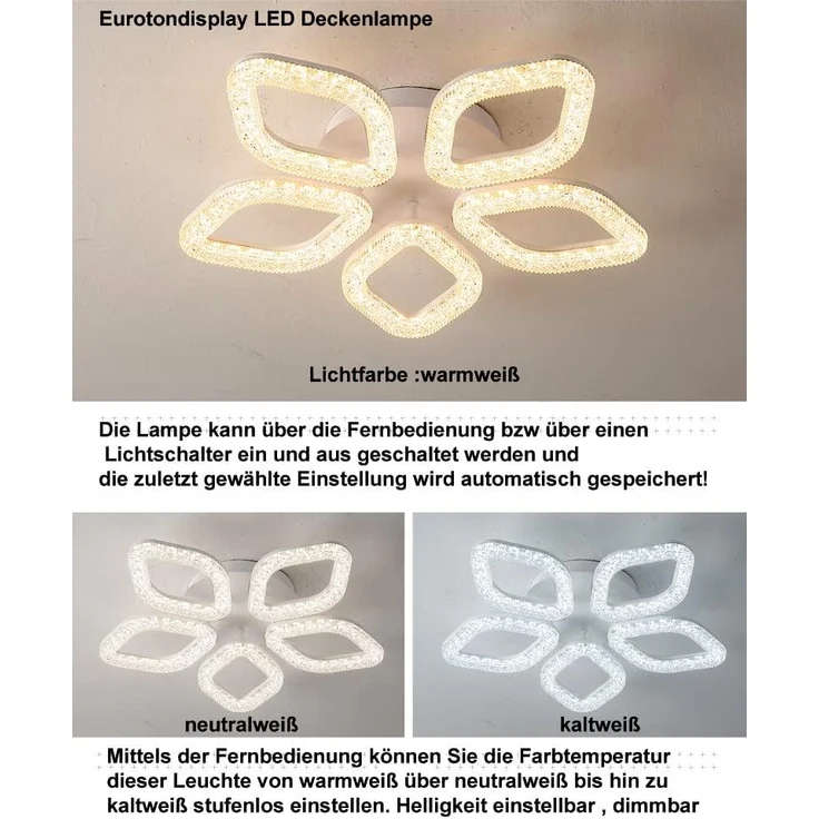 Euroton LED Deckenleuchte LED Deckenlampe XL DL Fernbedienung Lichtfarbe/Helligkeit einstellbar, LED fest integriert, mit Fernbedienung kaltweiß-neutalweiß -warmweiß, 7000k-3000k stufenlos einstellbar, mit Fernbedienung steuerbar – Bild 3