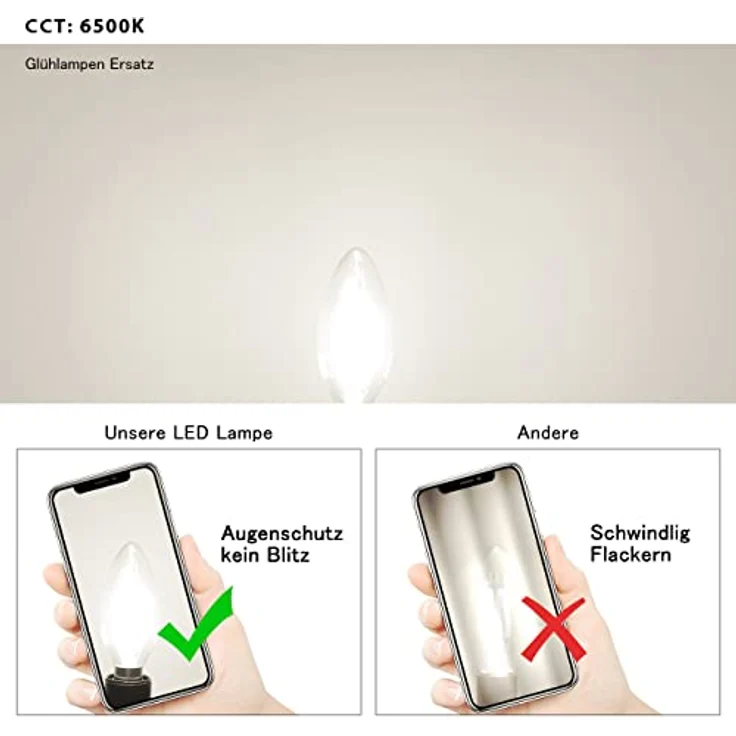 LVWIT E14 Kerze LED Lampe, 6er Pack, 4W 470 Lumen ersetzt 40 Watt, 6500K Kaltweiß, Glas, nicht dimmbar, Filament Fadenlampe – Bild 4
