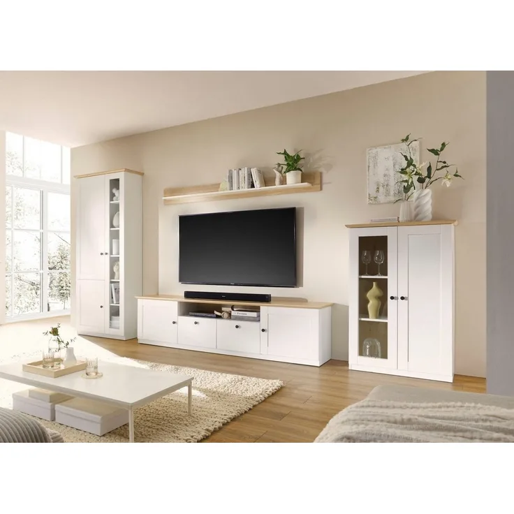 OTTO home Wohnwand Brest, Anbauwand im Landhausstil, Komplettset, Wohnzimmer-Set, (Set, 4-St), enthält Vitrinen, Lowboard + Wandboard