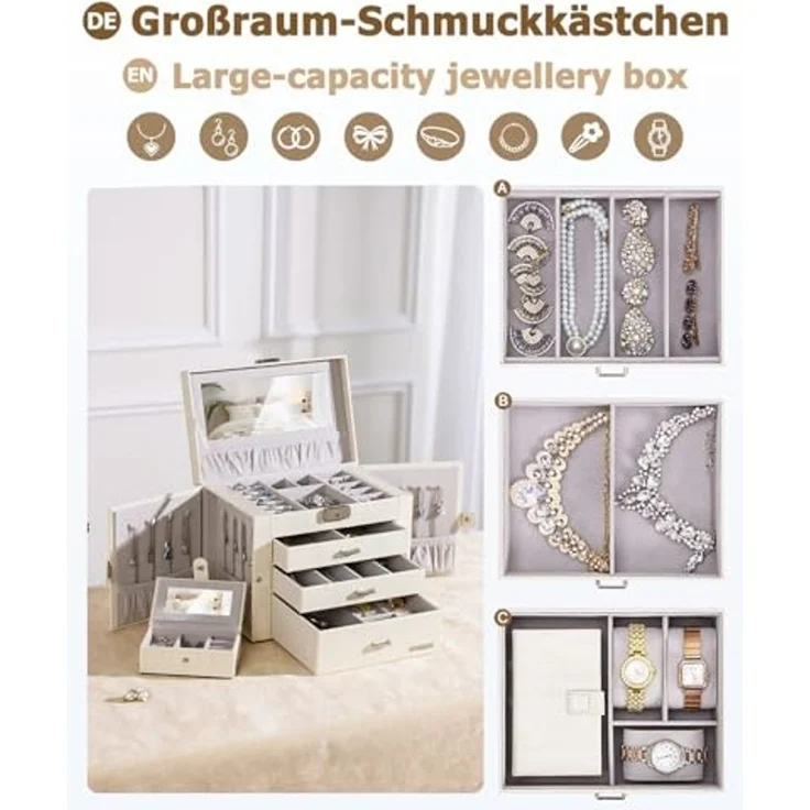 Yorbay Schmuckkasten Schmuckkoffer mit 4 Ebenen/2 Seitenfächern, Cremeweiß mit Holzmaserung (Abschließbar, Mit herausnehmbarer Mini-Box, Mit Spiegel), Schmuckkästchen für Halsketten/Uhren/Ringe/Armbänder/Ohrringe/Brille – Bild 3