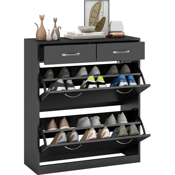 Schuhschrank mit 2 Schubladen und 2 Klapptüren, mit verstellbarem Einlegeboden, Aluminiumgriffe. 80 x 30 x 91,5 cm, Schwarz