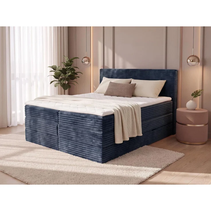 Boxspringbett Mollo XL mit 2 Bettkästen und Topper, mit Taschenfederkern- und Bonellfederkernmatratze, Doppelbett, Polsterbett aus Cordstoff mit Stauraum (Blau (Tilia 77), 180 x 200 cm) – Bild 2