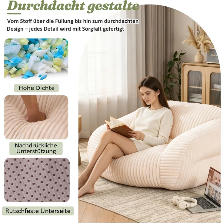 Sitzsack für Erwachsene, flauschiger Loungesessel Cord, vakuumverpackt und montagefrei, für Wohnzimmer, Schlafzimmer, Balkon(Beige)--Beige--116x110x61cm--YOUDENOVA – Bild 4