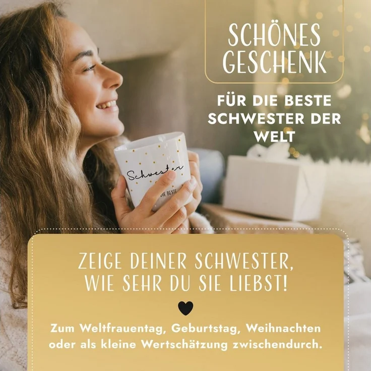 Amari Tasse Schwesterherz Spruch Gold, Geschenk Schwester Lieblingsschwester, 1-tlg, Keramik, Kaffeetasse Teetasse 330 ml Geschenkbox Geburtstag Weihnachten – Bild 2