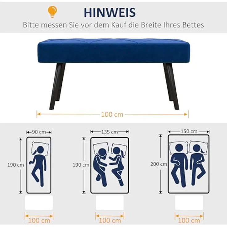 HOMCOM Polsterbank mit X-Muster, in Samtoptik, bis 120 kg Belastbar (Bettbank, 1-St, Sitzbank), für Schlafzimmer, 100 x 36 x 45 cm, Blau – Bild 4