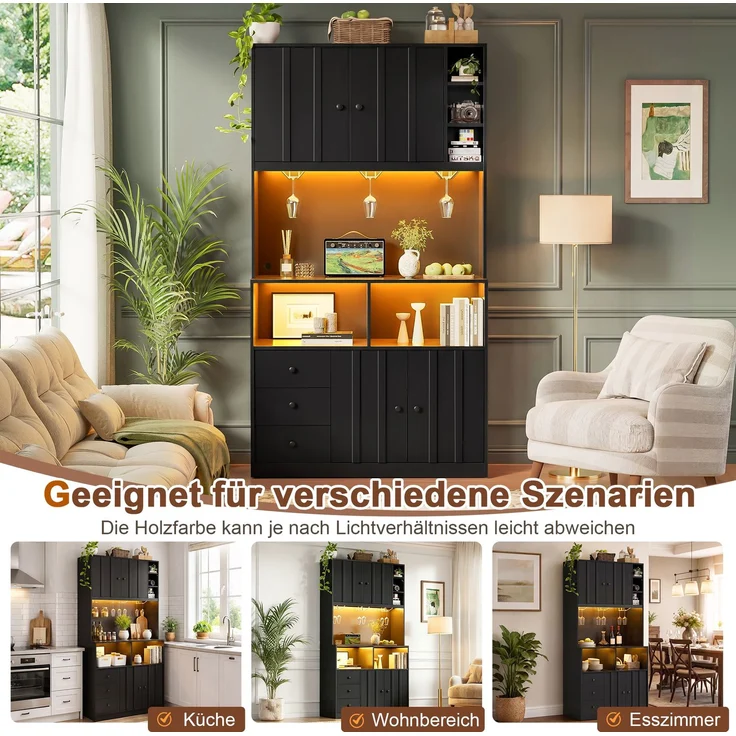 180 cm Küchenschrank, Hochschrank mit LED, Küchenregal mit Steckdose, Weinregal und Vitrine für Küche & Esszimmer--Schwarz--100x40x180cm--YOUDENOVA – Bild 7