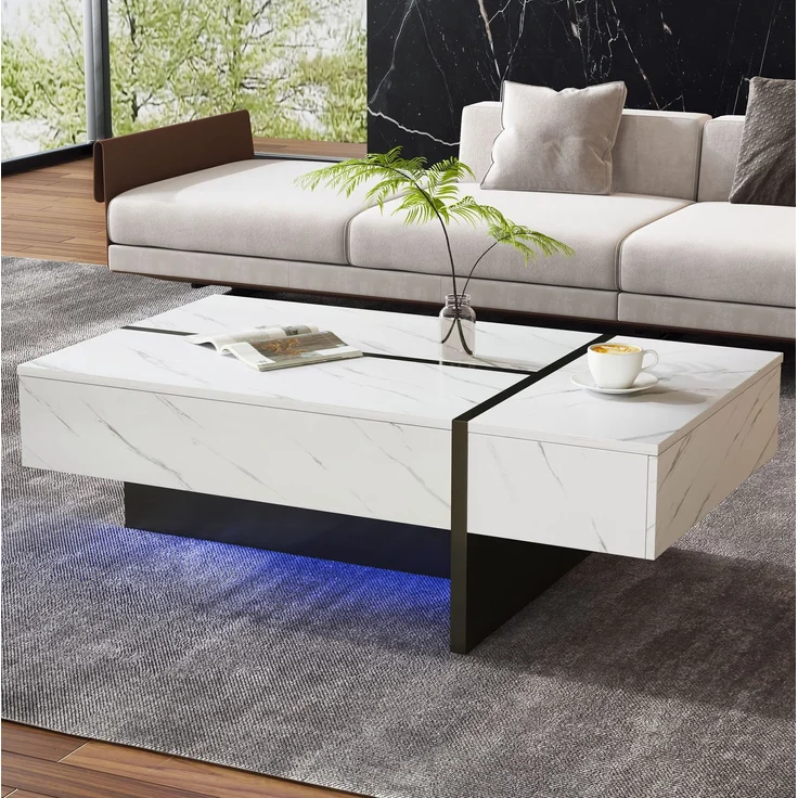 Couchtisch 105x60x35 cm mit 3 Schubladen und LED – Wohnzimmertisch in Weiß mit Hochglanzplatte – Bild 2