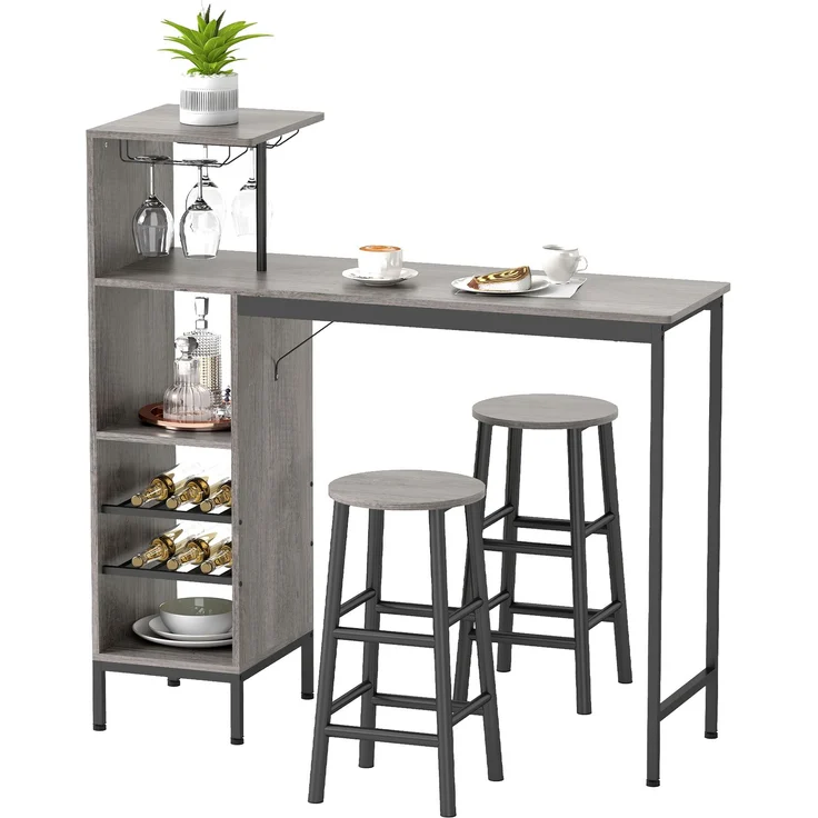 Bar-Tisch-Set mit Hockern, Stehtisch mit 2 Barstühlen, Regale, Weinfächer, Naturholz – Bild 1