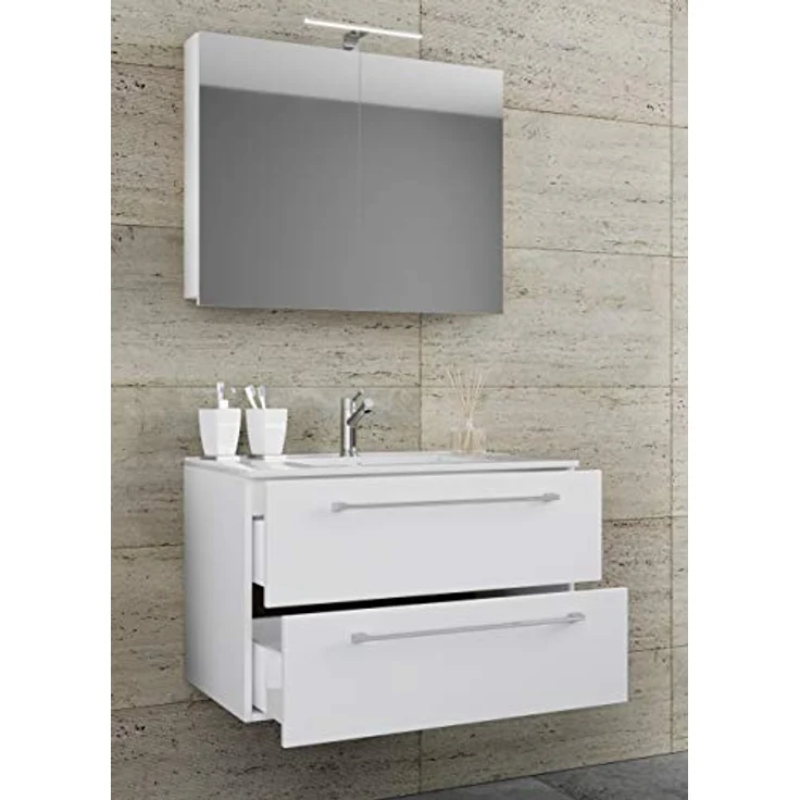 VCM Badmöbelset Badinos 3-tlg. mit Waschplatz, 2 Schubladen Unterschrank, Keramikwaschbecken und Spiegelschrank aus ESG-Sicherheitsglas – Bild 2