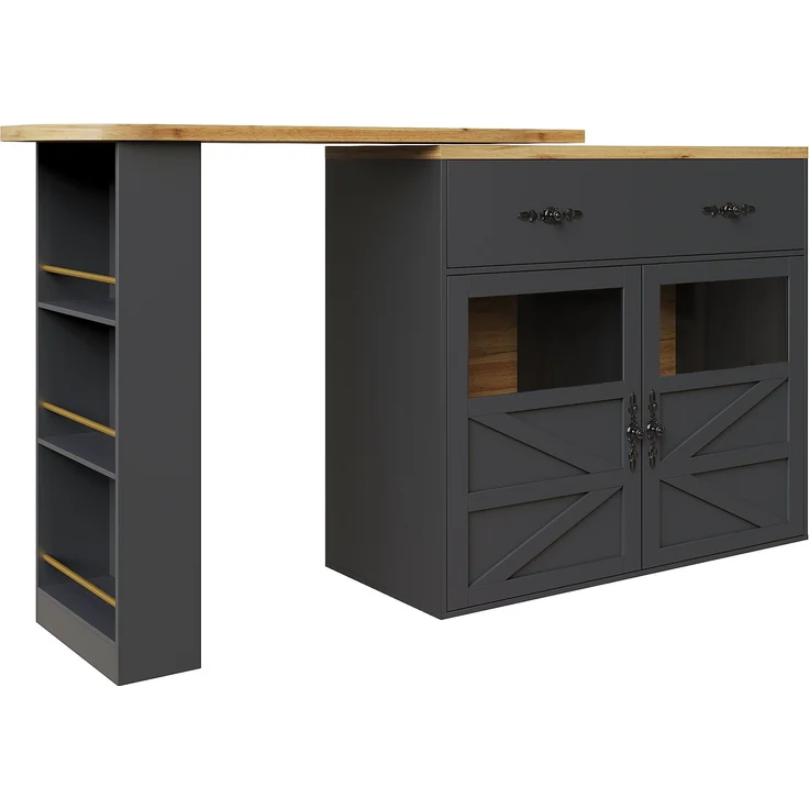 Ausziehbarer Bartisch Schwarz mit 360° Drehfunktion, MDF Tischplatte geprägt, Acryl-Türen, Aluminium-Griffe, Stauraum, 104cmx138-204cmx39cm – Bild 10