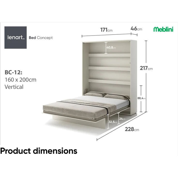 MEBLINI Schrankbett Bed Concept - BC-12 - 160x200cm Vertikal - Kaschmir mit Matratze - Wandbett mit Lattenrost - Klappbett mit Schrank - Wandklappbett - Murphy Bed - Bettschrank – Bild 7