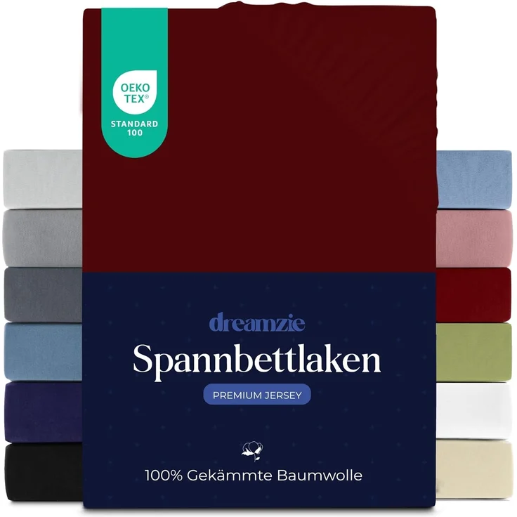 Dreamzie Premium Spannbettlaken 100x200 cm, Bettlaken 100% Jersey Baumwolle, Spannbetttuch für Dicke Matratzen bis zu 22 cm, 150 g/m², Oeko-TEX Zertifiziert - Burgunderrot