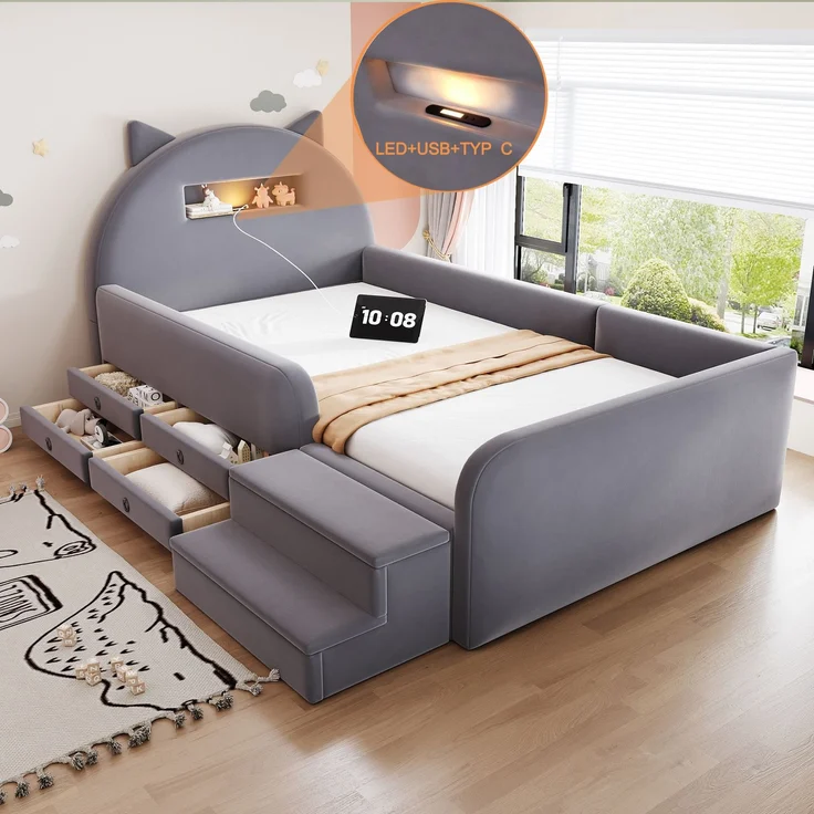 LVHOM Kinderbett 90x200cm mit Rausfallschutz, Polsterbett mit Nachtlicht, USB, Schubladen und Stufenbank, Samt, Dunkelgrau – Bild 6