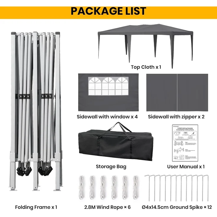 Velway Faltpavillon 3x6 m Wasserdicht Pavillon - Anti-UV Stabil Winterfest Faltbar Partyzelt - Gartenpavillon mit 6 Seitenwänden & Dach 12 Erdhaken & 6 Seile - Gartenzelt für Freien Hochzeiten - Grau – Bild 7