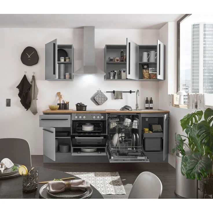 Küchenzeile >Denver< Grau / Grau matt mit Lancelot Eiche Dekor - 220x211x60cm (BxHxT) – Bild 3