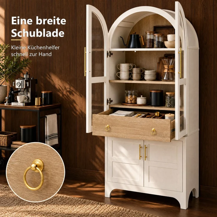 Highboard mit verstellbaren Regalböden und Schublade, Küchenschrank mit Riffelglas und großem Stauraum, Ideal für Esszimmer, Wohnzimmer und Küche (Weiß)--Weiß--76x40x180cm--YOUDENOVA – Bild 7