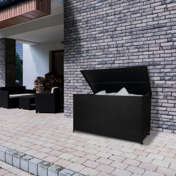 Monstershop Kissenbox, Rattan mit pulverbeschichtetem Stahlrahmen, Schwarz, 582 Liter Stauraum, gasunterstützter Deckelhebemechanismus – Bild 4