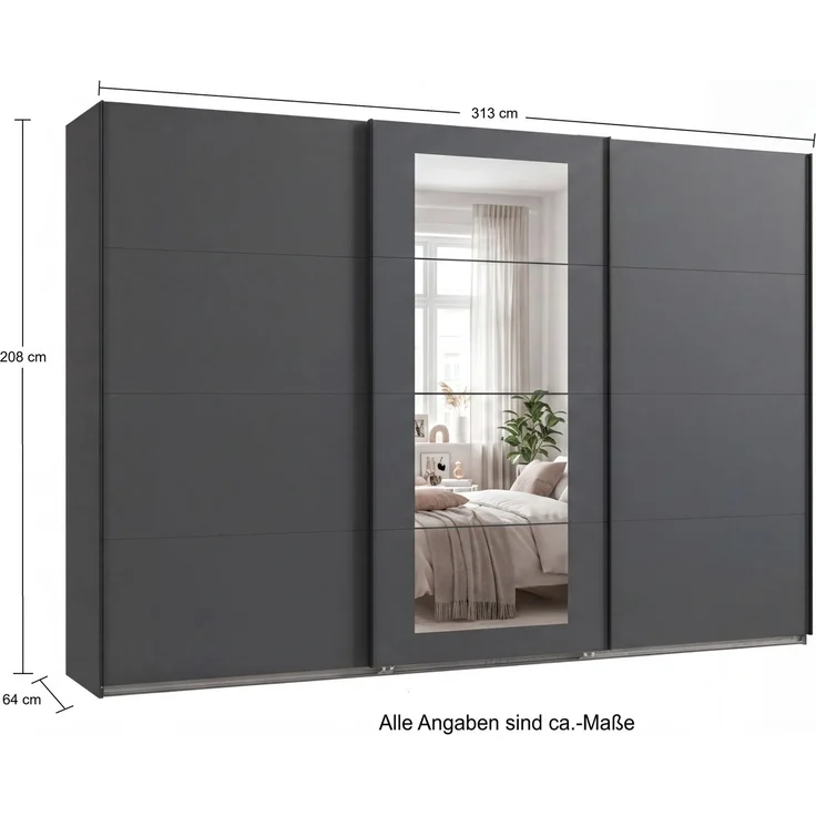Schwebetürenschrank 3-trg Kleiderschrank 313 cm in Grafit Spiegel Griffe schwarz – Bild 8