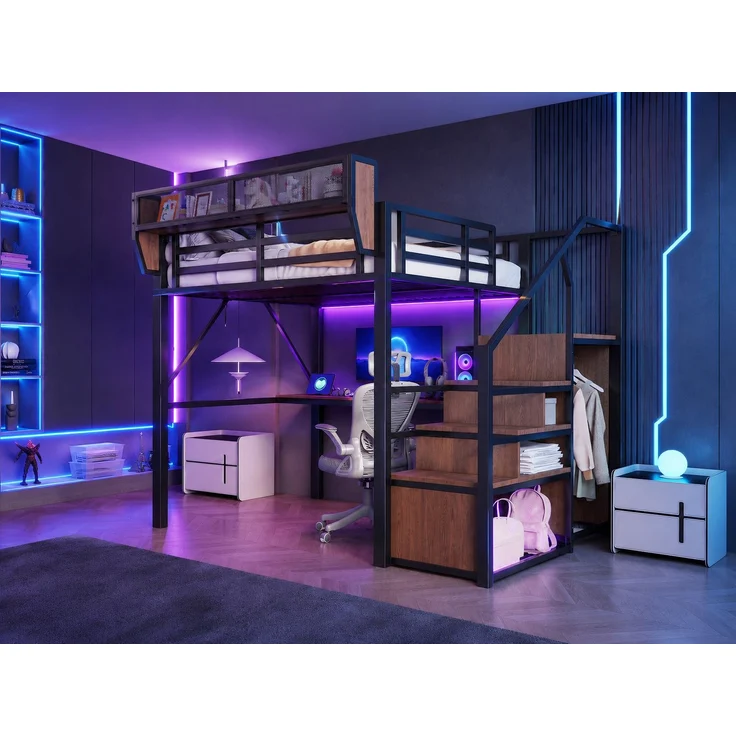 EINHOM Hochbett (140 x 200 Cm), Metallbett mit LED-Lichtleiste, Langem Schreibtisch, Sicherheitsleiter und Flexiblem Stauraum, Universelles Metallbett für Erwachsene und Kinder, Schwarz (Ohne Matratze) – Bild 5