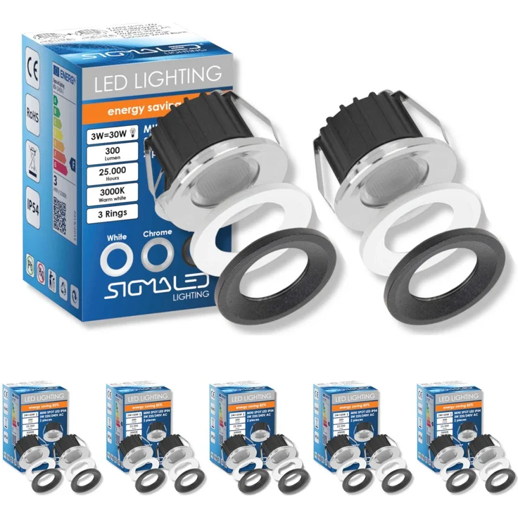 SIGMALED LIGHTING, Mini-LED-Einbaustrahler 3W, Spritzwassergeschützt für den Außenbereich, dimmbar, Warmweiß 3000K, 300 Lumen, IP54 Runde Einbauspot, 220V / 230V AC, 10er-Pack (5 Box mit 2 Stuck)