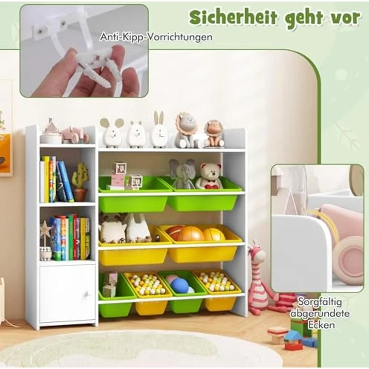 FANTASK Spielzeug-Organizer Bücherregal mit 8 Aufbewahrungsboxen, 2 offenen Regalen & Schrank, 4-stöckiges, 120 kg belastbar, Weiß – Bild 4