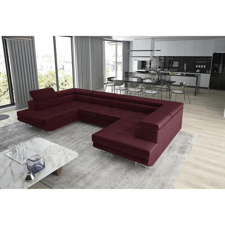 thematys Ecksofa Aston U 403 x 203 cm, mit Schlaffunktion, mit Bettkasten, mit verstellbaren Kopfstützen, Weinrot (Monolith 69), Ausrichtung 350 cm|390 cm – Bild 1