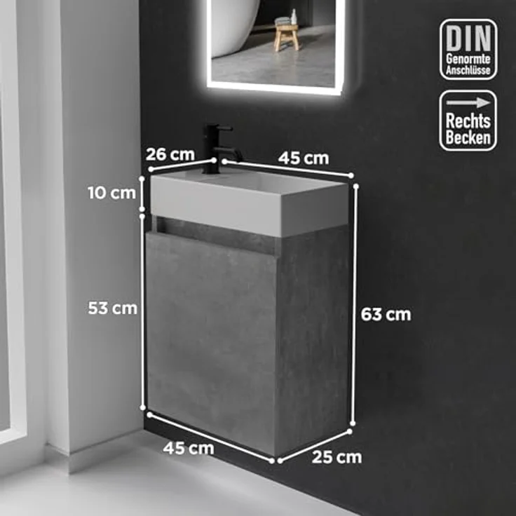 Alpenberger Badmöbel-Set Gäste WC Waschbecken mit Unterschrank - Badschrank Hängend, (Hängeschrank mit Softclose, Waschtisch mit Unterschrank Cement), Gäste WC Möbel - Kleiner Badezimmerschrank Vormontiert – Bild 7