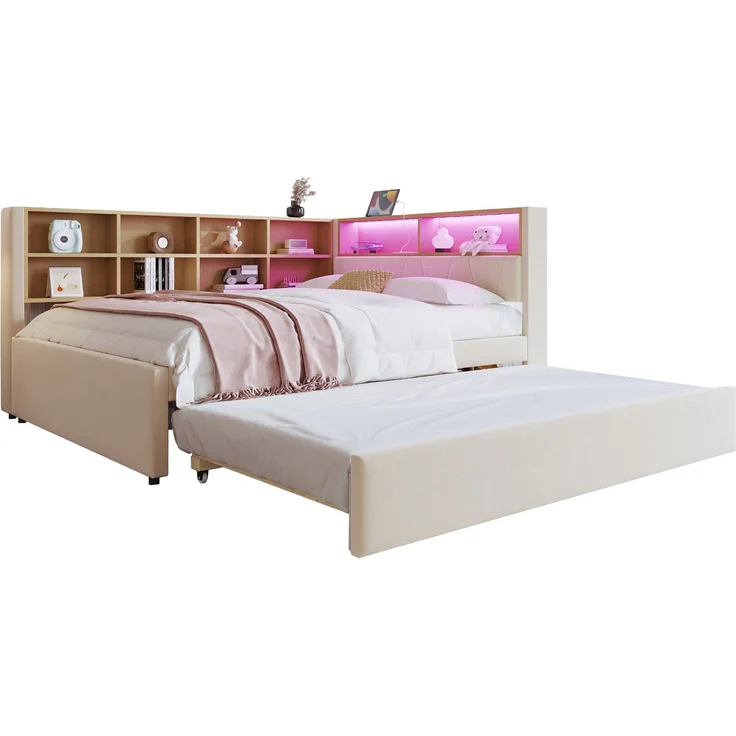 Multifunktionales Schlafsofa 140x200 cm mit Ausziehbett, LED-Leuchten, USB & Typ-C Ladeanschluss, Stauraum,Beige – Bild 7