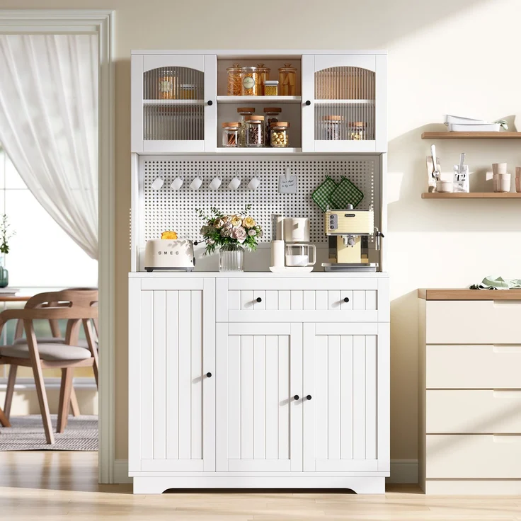 ZUBALIYA Vitrinenschrank mit Tür / Küchenschrank, mit verstellbaren Einlegeböden und lochblech, Weiß, 103.5 x 40 x 180 cm, fürs Kinderzimmer, mit Schubladen, mit Stauraum – Bild 3