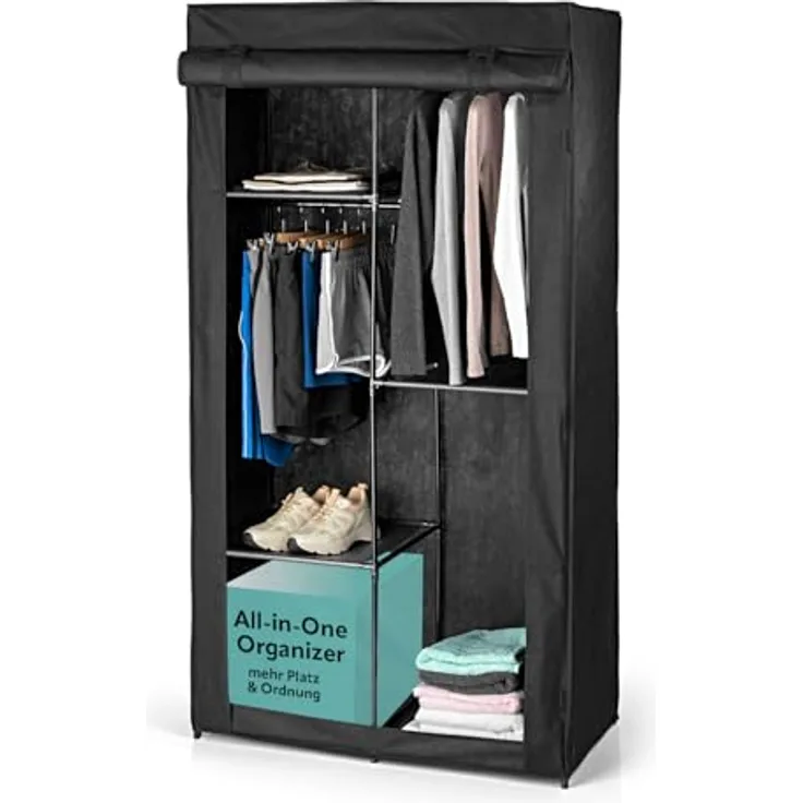 EASYmaxx Kleiderschrank | Faltbarer Stoffschrank mit Klettverschluss & Kleiderstange | Stoffkleiderschrank – ideal als Campingschrank oder mobiler Kleiderschrank zu Hause | Kleiderständer modular