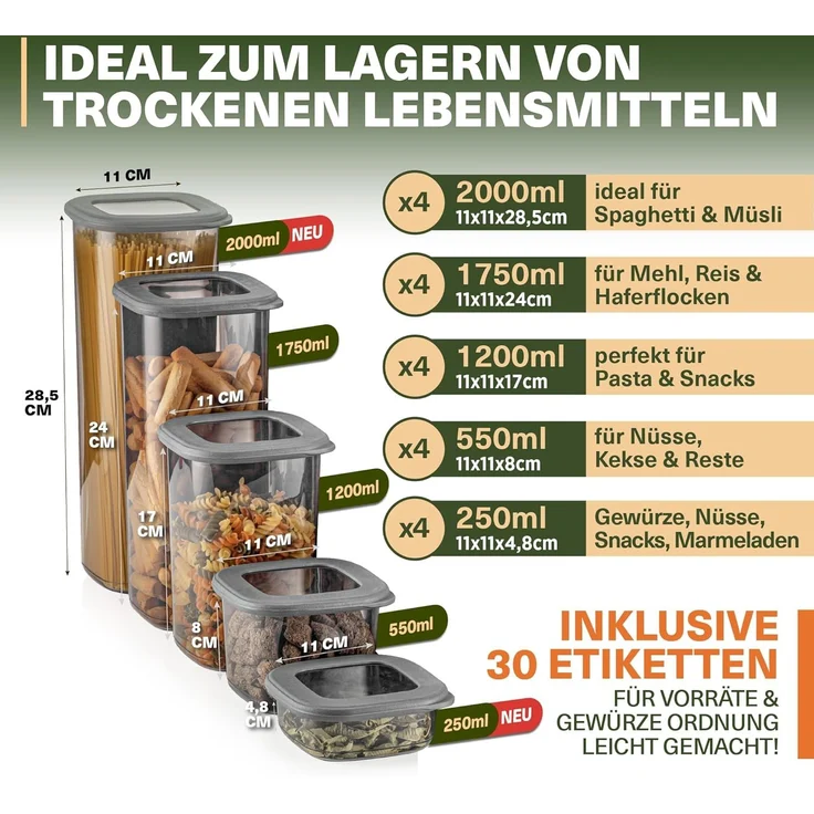 Viwares Vorratsdosen mit Deckel Luftdicht, 20er Vorratsbehälter Set BPA-Frei, Vorratsdose zur Müsli Mehl Aufbewahrung Küche, Praktische Organizer Küche, Frischhaltedosen für Lebensmittelaufbewahrung – Bild 2