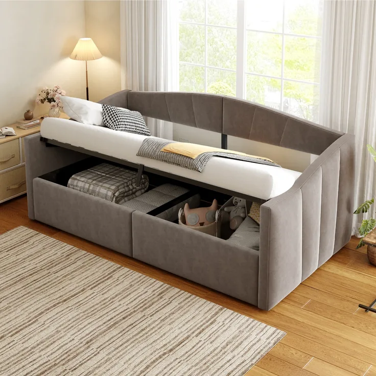 Polsterbett-Sofabett mit hydraulischem Stauraum, Lattenrost und Armlehnen, klassisch gestreift, multifunktionales Einzelbett, Samtstoff, 90×200 cm