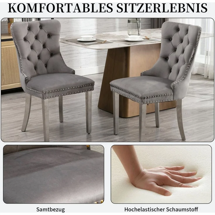 SeedWave Esszimmerstuhl 2er-Set Polsterstühle mit Samtbezug, hoher Lehne und Metallbeinen (2er-Set), Küchenstühle im französischen Stil mit Ziernieten und Rückenring – Bild 4